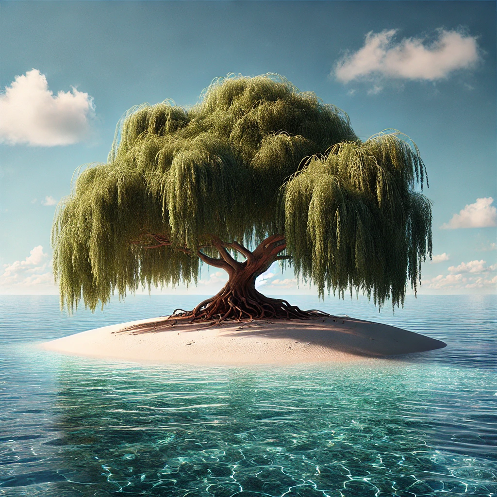 Willow tree on island of sand in the middle of the ocean